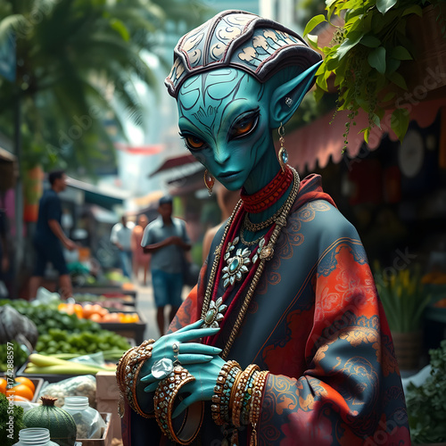 Alien explores vibrant market dressed in elaborate attire