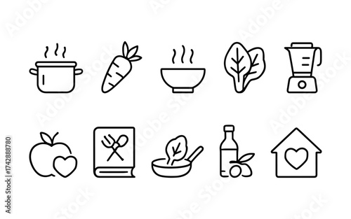 Healthy Cooking & Nutrition Line Icon Set – Wellness Food, Home Cooking & Clean Eating
