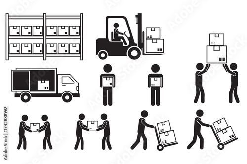Set of icons depicting logistics and delivery operations, including a forklift, truck, and people handling boxes, isolated on transparent background