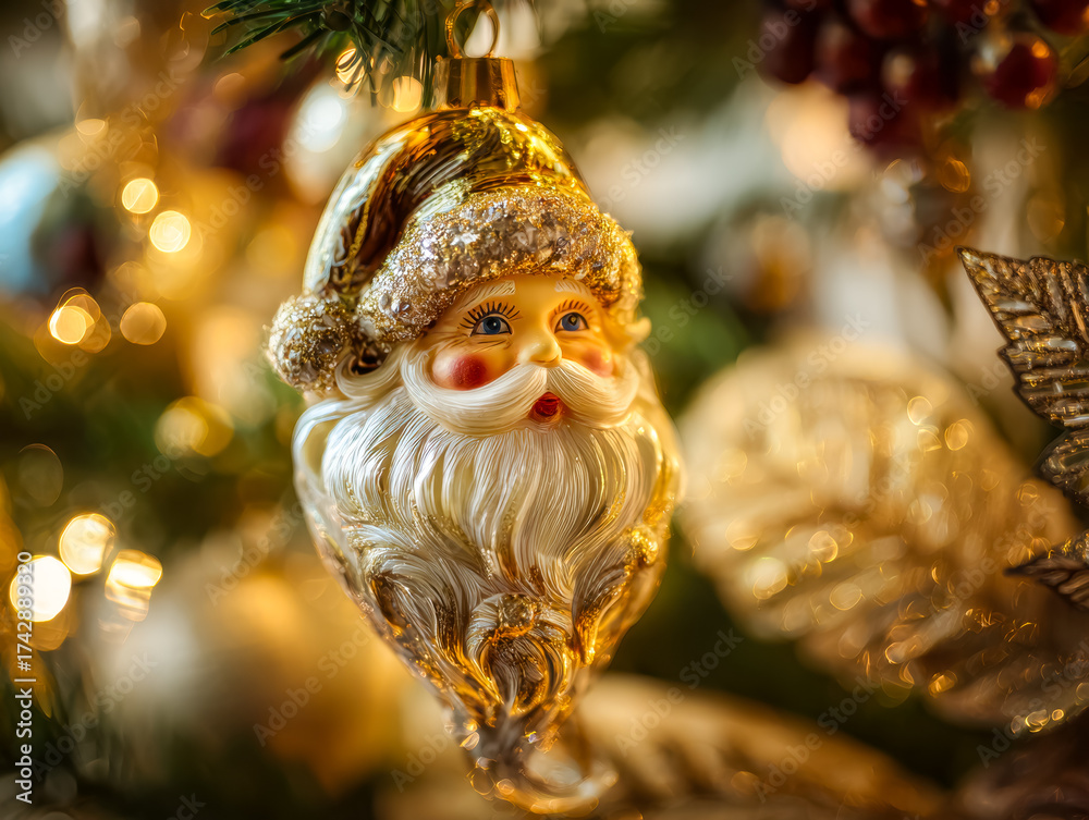 Obraz premium Elegant Santa Claus ornament hanging on a decorated Christmas tree