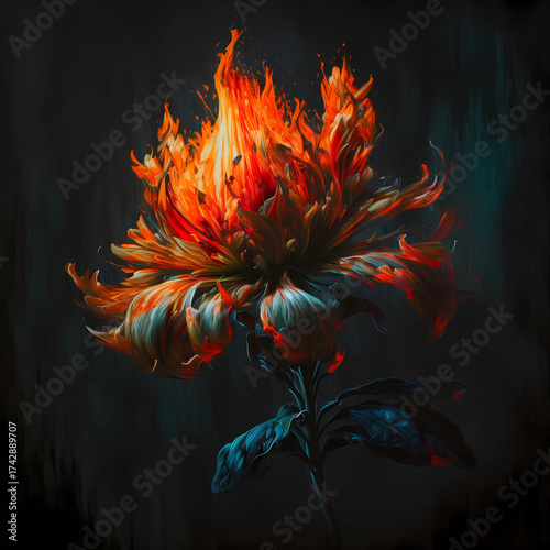 Flaming Flower - Fiery Bloom in Dark Artistic Background | Digital Art Oil-Painting