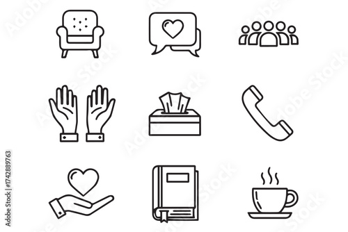 Collection of nine simple line art icons representing therapy and support services, isolated on transparent background