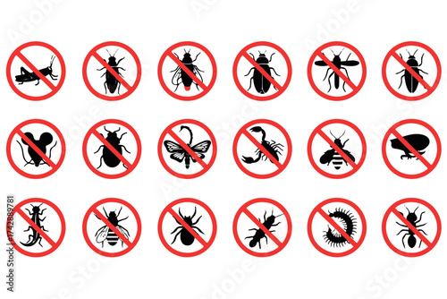 Collection of twenty pest control warning signs with various insects and rodents, isolated on transparent background