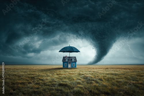 A small blue house under an umbrella during a storm with a tornado in the background