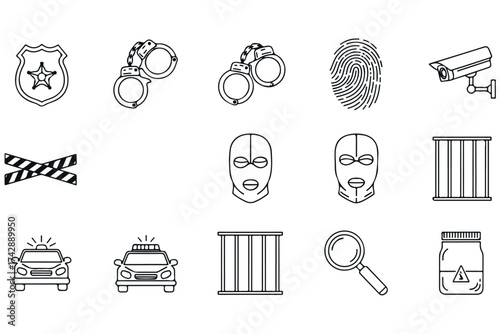 Set of crime and law enforcement icons, including handcuffs, police badge, fingerprint, surveillance camera, and jail bars, isolated on transparent background