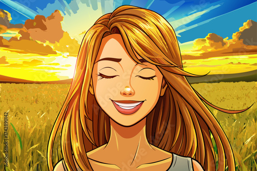 vector of Backlit portrait of happy relaxed free smiling woman with closed eyes enjoying beautiful moment of life in fields at sunset
