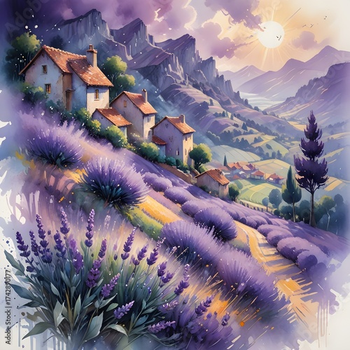 fantasy landscape in the mountains with purple lavender and sky