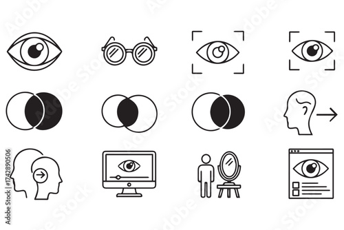 Eye and vision icons, including human eyes, glasses, and surveillance symbols, isolated on transparent background