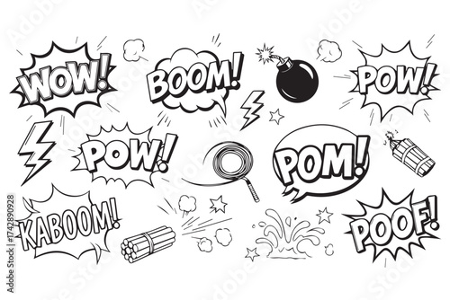 A comic book style illustration featuring various sound effect words and action elements, isolated on transparent background