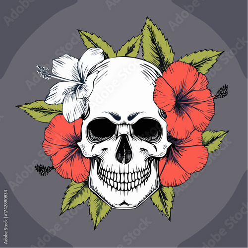 A creative and detailed vector illustration of a human skull beautifully adorned with vibrant red and white hibiscus blooms, surrounded by lush green foliage, set against a subtle patterned background