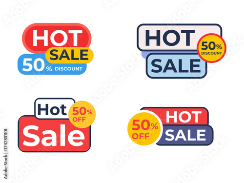 Collection of four vibrant and eye catching hot sale 50 percent off discount tags and labels for advertising