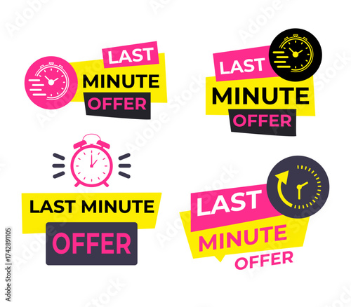 Collection of four vibrant last minute offer banners with clocks and arrows indicating urgency and sales