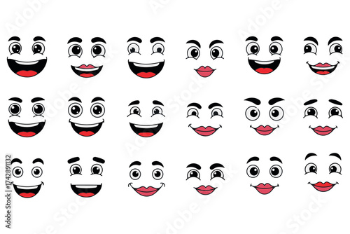 Collection of cartoon faces with various expressions and emotions, isolated on transparent background