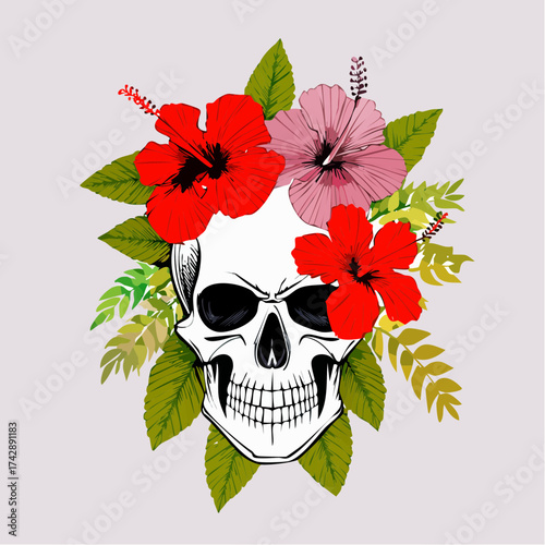 Floral Skull Art A Detailed Vector Illustration of a Human Skull with Blossoms and Vibrant Foliage