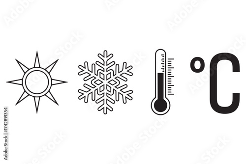Collection of icons representing temperature sun, snowflake, thermometer, and celsius symbol isolated on transparent background