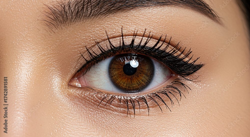 Fototapeta premium Close-up of a captivating brown eye with long lashes.