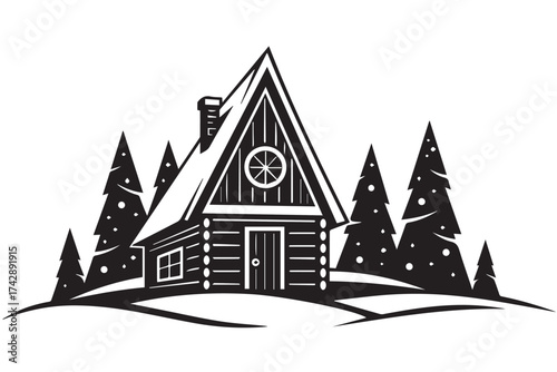 Black and white illustration of a rustic log cabin nestled among pine trees during winter, isolated on transparent background