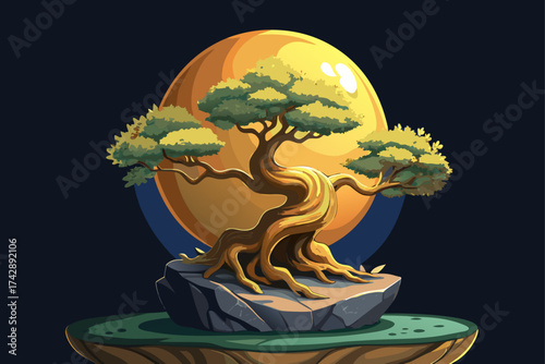 vector of Golden bonsai tree against a large orange orb, placed on a rock with a dark background.