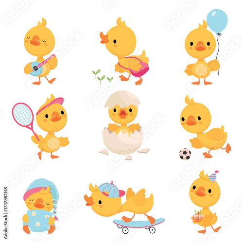 Cartoon yellow ducklings. Funny duckling characters various poses. Newborn duck in edd shell, sleep and sport training. Cute farm birds, nowaday vector set