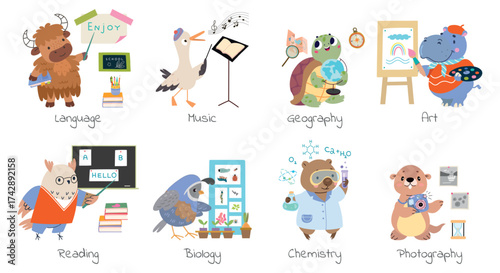 Cartoon animals teachers. Bear scientist or chemist, turtle geography, sparrow biology teaching. Funny animal characters for preschool, nowaday vector set