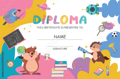 Children diploma certificate. Childish competition award template with funny cartoon animals. Congratulatory certificate participant or winner, nowaday vector design