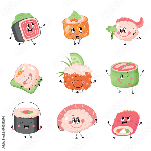 Sushi characters. Japanese food funny rolls and sushi, sashimi with happy faces. Meals with fish rice and vegetables, asian cuisine nowaday vector set