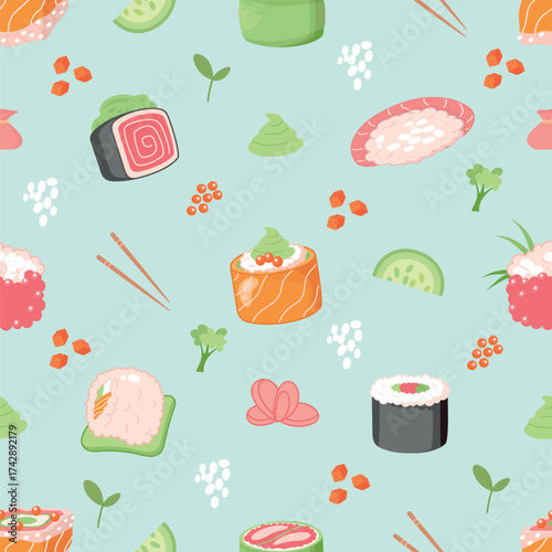 Sushi seamless pattern. Fish rice nori and vegetables, asian japanese chinese food. Fabric wallpaper wrapping print template, nowaday vector background