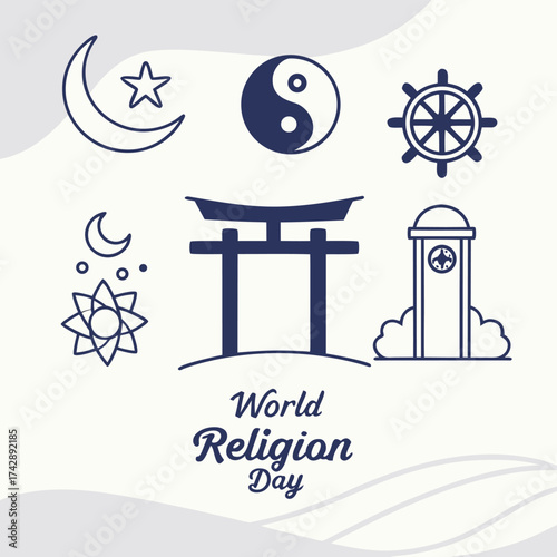 Collection of religious symbols including crescent moon star yin yang dharma wheel torii gate and clock tower