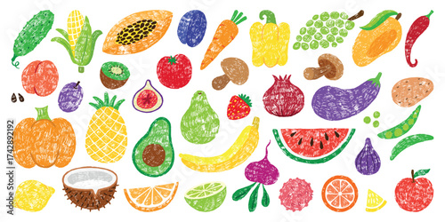 Children drawing vegetables and fruits. Crayon drawn mushroom pepper corn tomato. Sketch apple avocado pear. Farm fresh food neoteric vector clipart