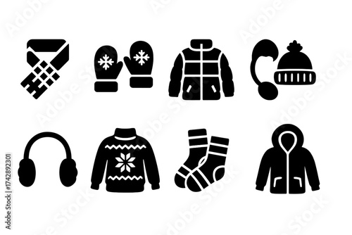 Winter clothing solid icon set. cozy winter wear, accessories, and apparel collection.