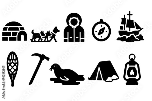 Adventure, camping silhouette icon set. outdoor, wilderness survival icons collection