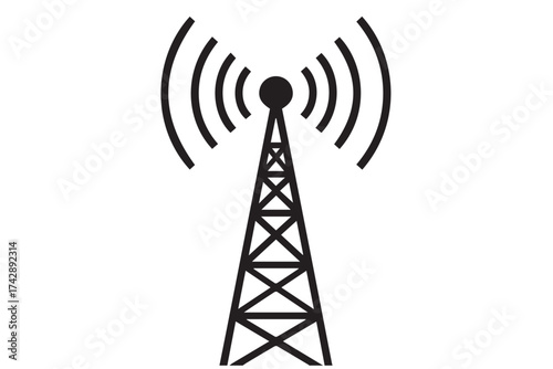 A black and white illustration of a radio tower emitting radio waves, isolated on transparent background