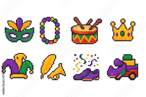 Mardi gras pixel icon set. colorful festival, celebration flat icons collection.