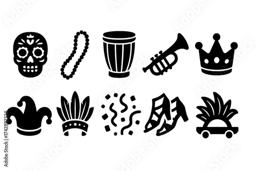 Carnival and mardi gras silhouette icon set. festive mask and celebration icons