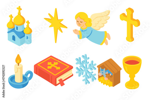 Christianity, christmas 3d icon set. religious, festive symbols collection for holidays