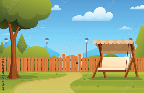 Backyard. Garden with wooden fence and gate, bench swing, lantern and plants. Outdoor rest area for relax, seasonal barbeque party, sapid vector scene