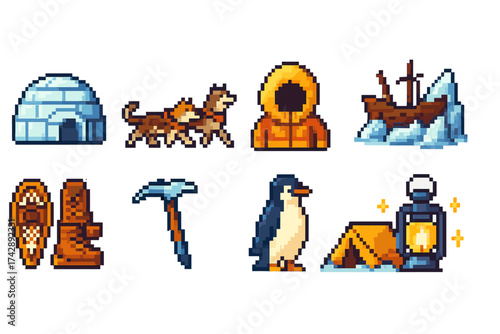 Arctic exploration pixel icon set. adventure, expedition icons in pixel style