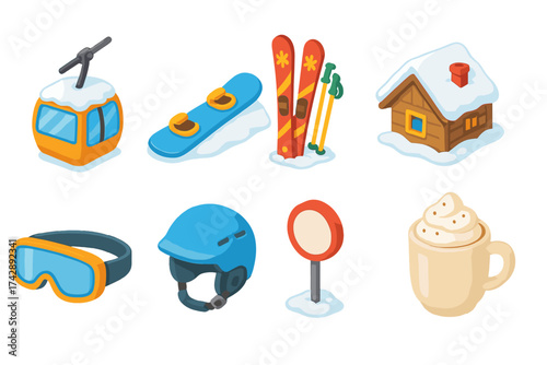 Winter sports 3d icon set. snowboarding, skiing, winter gear, and chalet icons