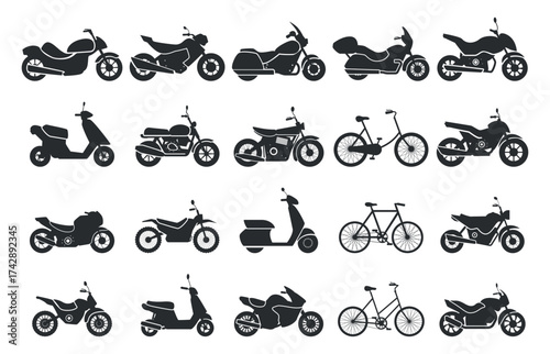 Black motorcycle bicycle icons. City vehicle silhouettes, motorbikes stickers for interior design. Isolated delivery, motocross, travel transport, sapid vector set