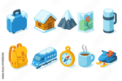 Winter travel 3d icon set. adventure and exploration icons collection