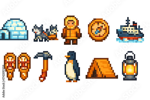 Adventure, exploration pixel icon set. camping, arctic, outdoor flat icons collection
