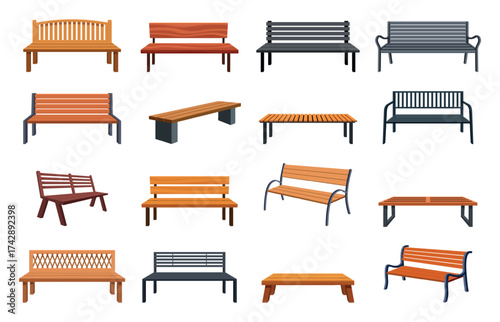 Cartoon benches. Wooden metal bench for garden, city park, camping, backyard. Outdoor sitting place for resting. Public architecture sapid vector elements