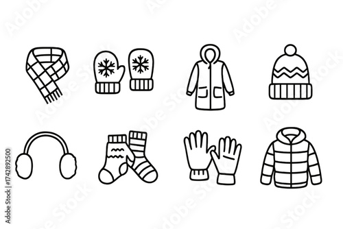 Winter clothing outline icon set. warm accessories collection in line style