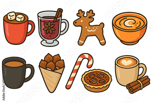 Cozy holiday icon set. winter delights, drinks, treats icons in flat style.