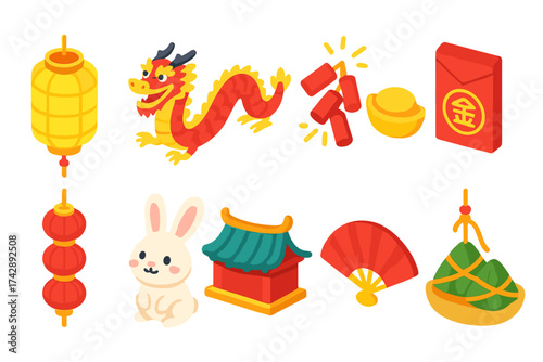 Chinese new year 3d icon set. celebration, festive, lunar new year 3d icons ensemble