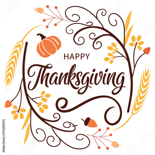 Thanksgiving graphic with pumpkin wheat and autumn foliage happy fall
