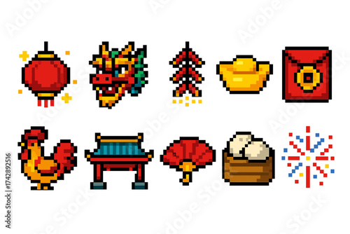 Chinese new year pixel icon set. festive and traditional symbols in pixel style