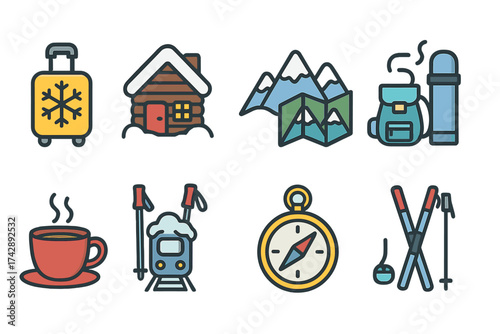 Winter travel icon set. adventure, hiking essentials outlined collection.