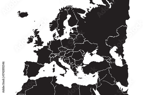 Black silhouette map of the continent of europe, showing country borders, isolated on transparent background