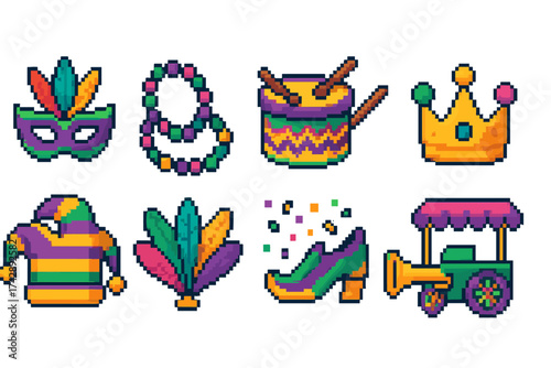 Mardi gras pixel icon set. carnival, festive celebrations pixel art icon collection